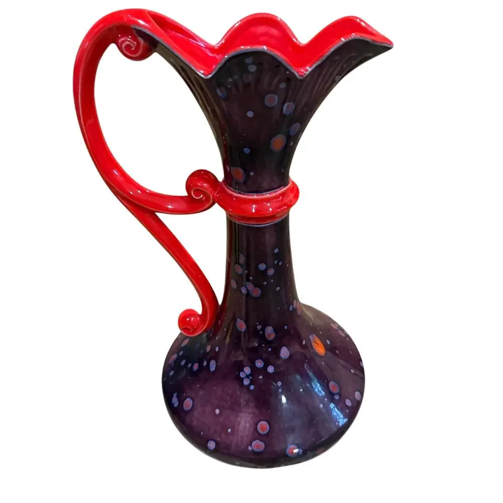 VTG 1972 Signed Studio Art Pottery Vase Ewer Pitcher Red Purple Speckled Glaze